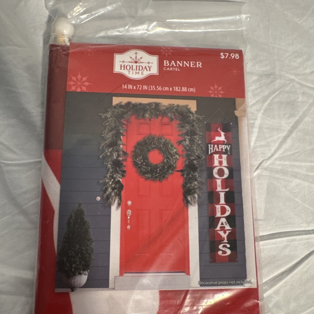 Holiday Time Banner Red White "Happy Holidays" With Deer New Sealed 14"x72"
